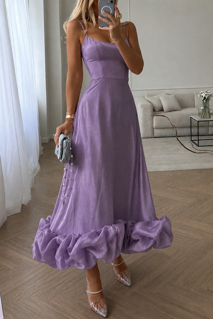 Women's Lavender Satin Maxi Dress | Spaghetti Strap Fit & Flare Evening Gown with Statement Ruffle Hem