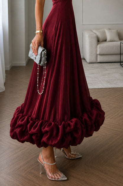 Women's Wine Satin Maxi Dress | Spaghetti Strap Fit & Flare Evening Gown with Statement Ruffle Hem