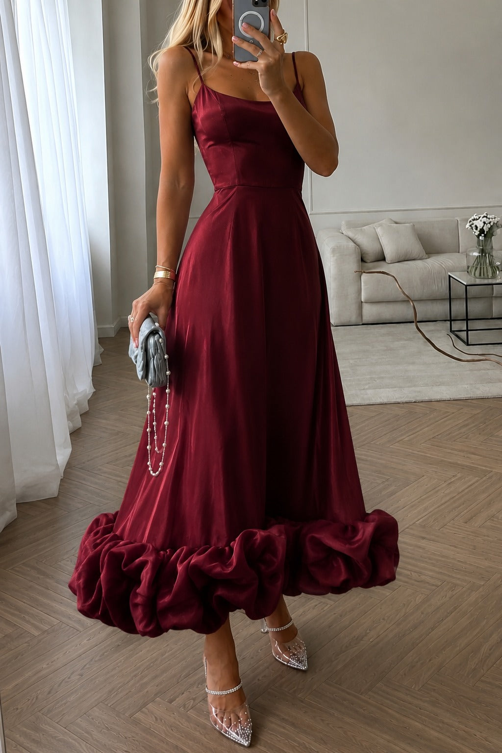 Women's Wine Satin Maxi Dress | Spaghetti Strap Fit & Flare Evening Gown with Statement Ruffle Hem