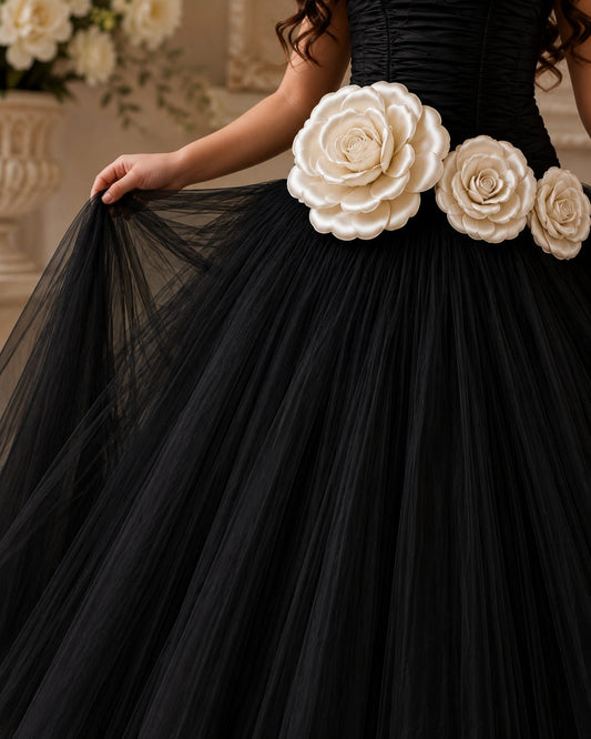Girls' Black Tulle Ball Gown Dress with Ivory 3D Floral Waist Detailing |
