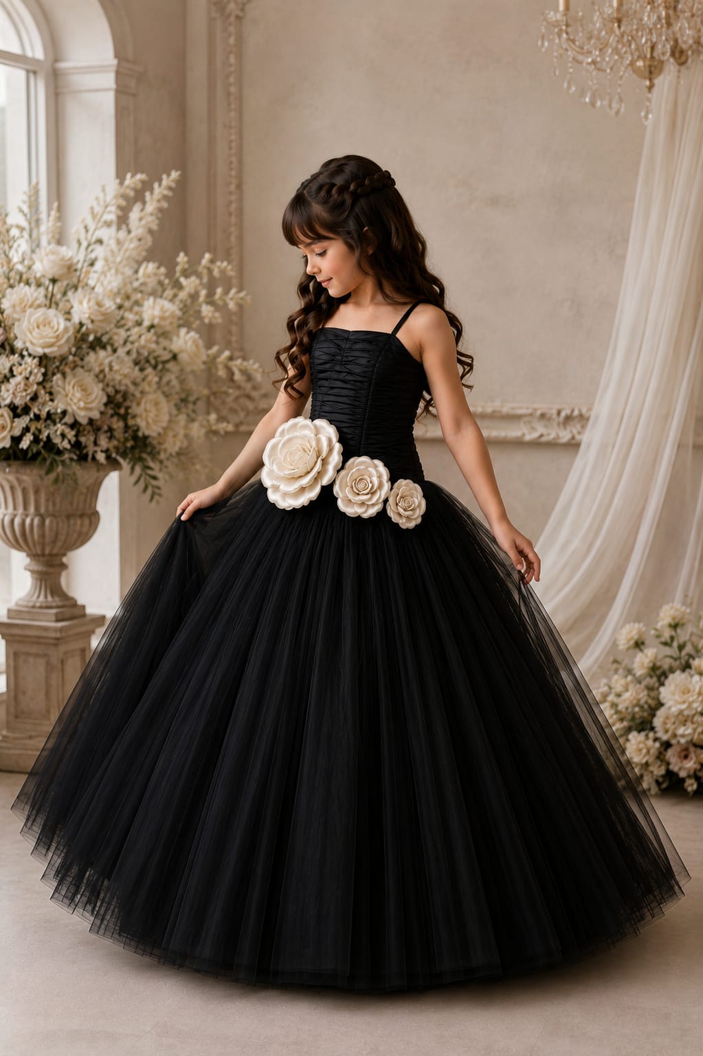 Girls' Black Tulle Ball Gown Dress with Ivory 3D Floral Waist Detailing |