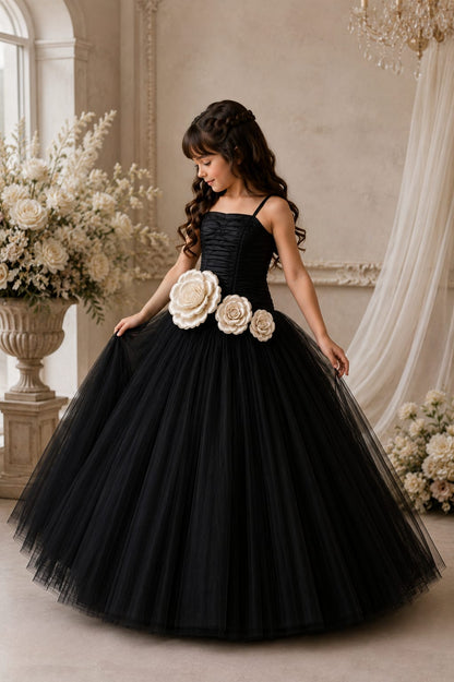 Girls' Black Tulle Ball Gown Dress with Ivory 3D Floral Waist Detailing |