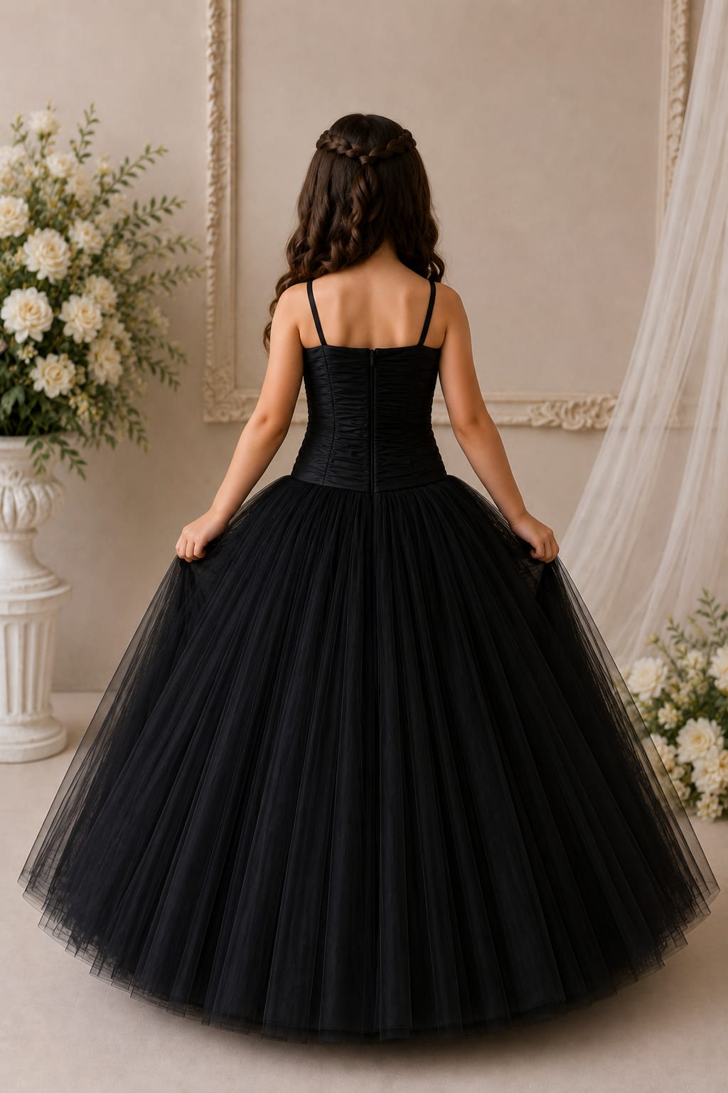 Girls' Black Tulle Ball Gown Dress with Ivory 3D Floral Waist Detailing |