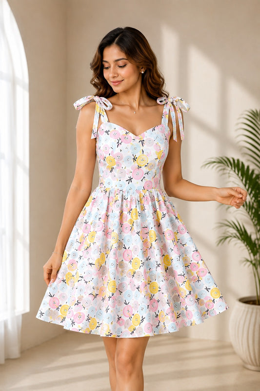 Women's Pastel Floral Print Fit & Flare Mini Dress | Sweetheart Neck Tie-Up Strap Summer Dress