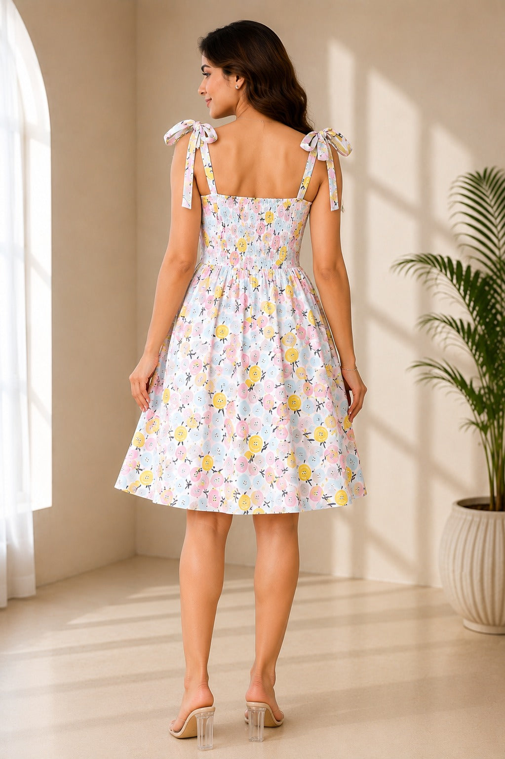 Women's Pastel Floral Print Fit & Flare Mini Dress | Sweetheart Neck Tie-Up Strap Summer Dress