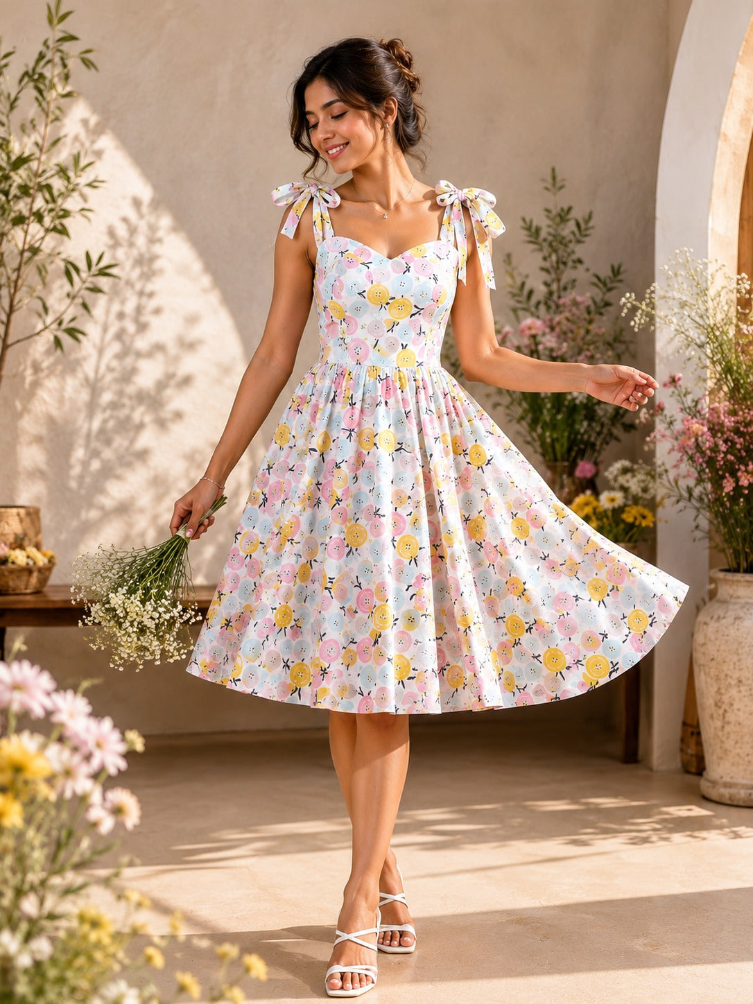 Women's Pastel Floral Print Fit & Flare Mini Dress | Sweetheart Neck Tie-Up Strap Summer Dress