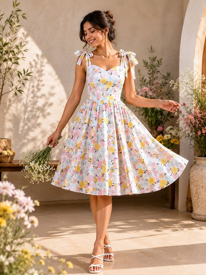 Women's Pastel Floral Print Fit & Flare Mini Dress | Sweetheart Neck Tie-Up Strap Summer Dress
