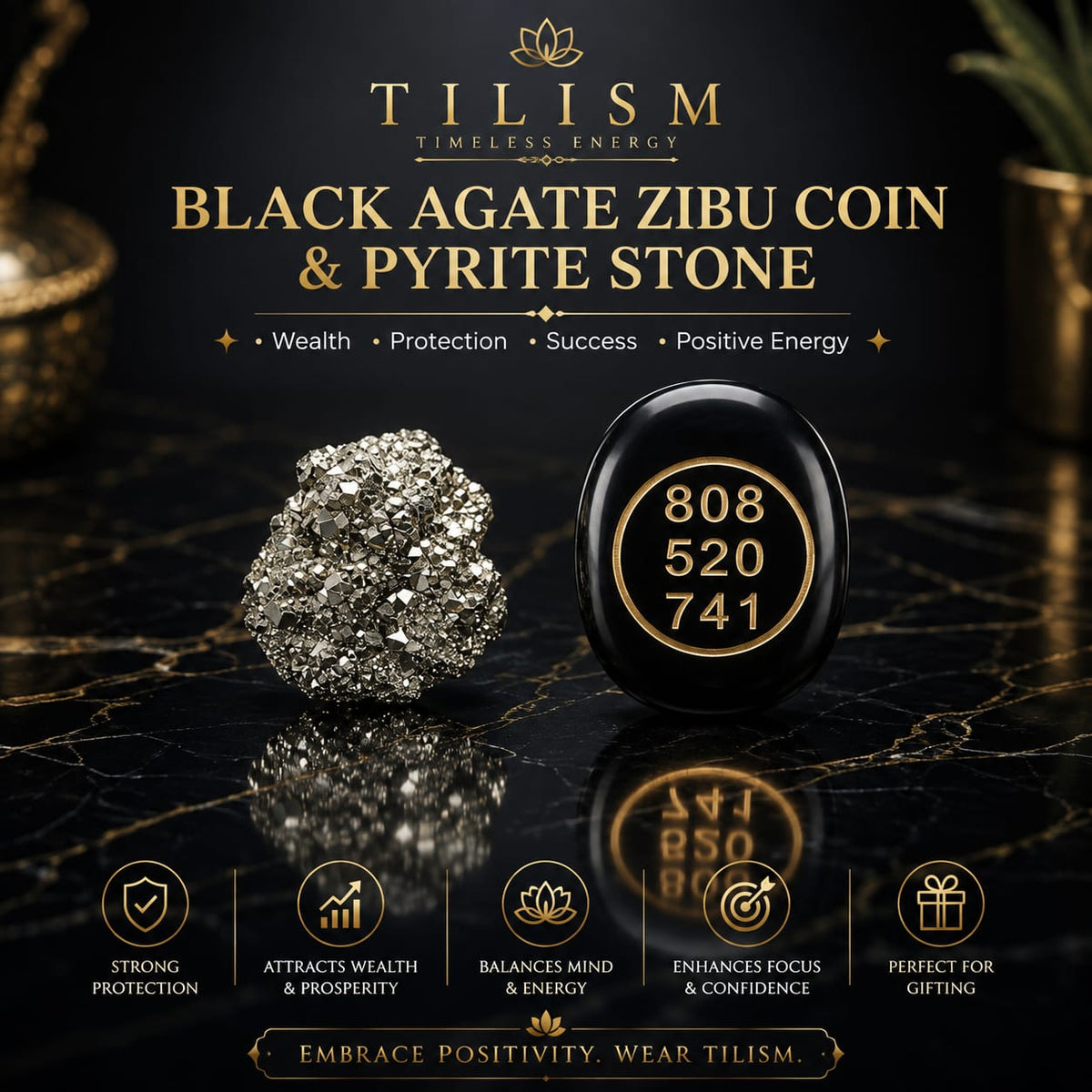 Black Agate Zibu Coin & Pyrite Crystal | Tilism