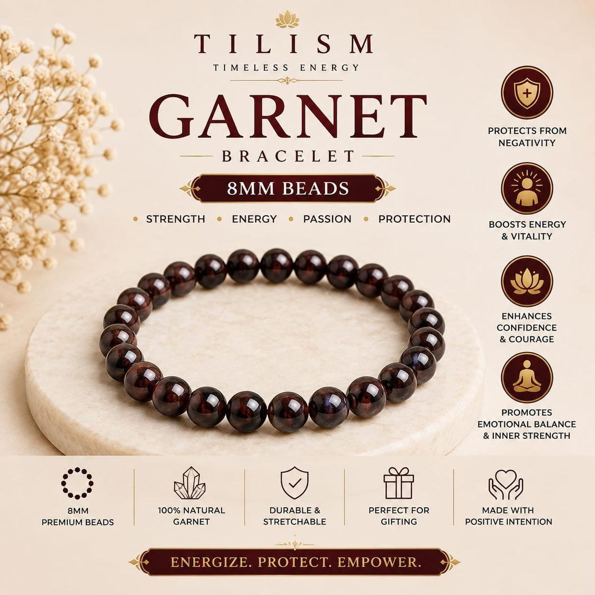 8 mm Garnet Gemstone Bracelet | Traditional & Spiritual Wear