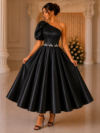 Women’s Black One Shoulder Party Dress | Elegant Satin Wear