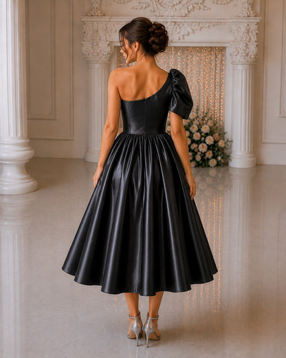 Women’s Black One Shoulder Party Dress | Elegant Satin Wear