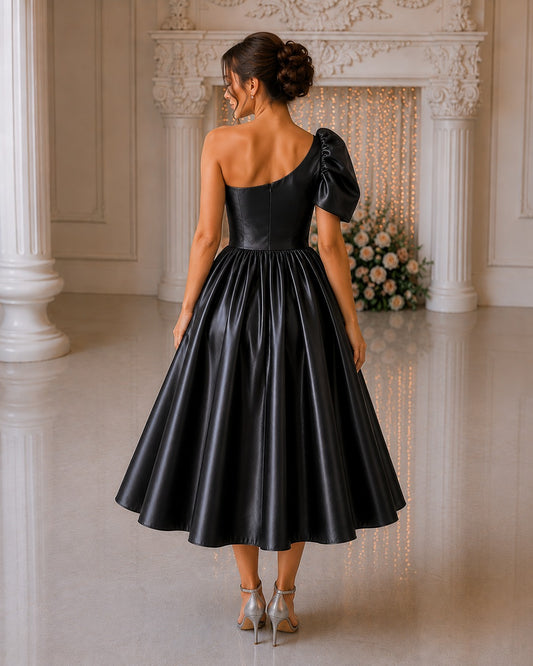 Women’s Black One Shoulder Party Dress | Elegant Satin Wear
