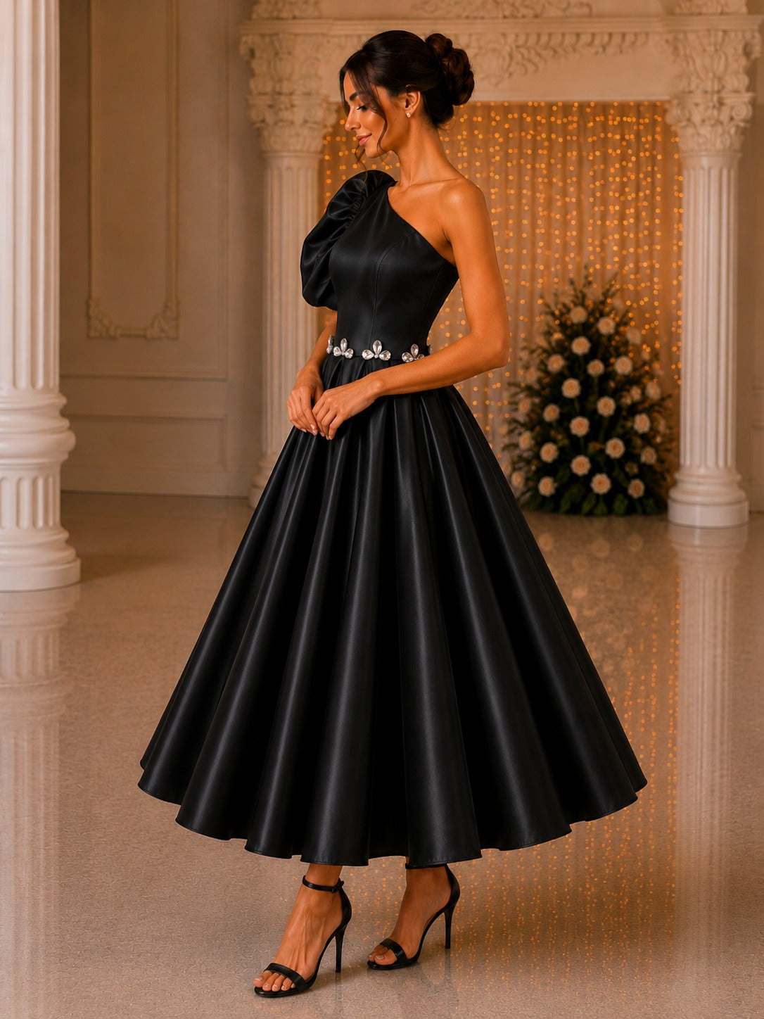 Women’s Black One Shoulder Party Dress | Elegant Satin Wear