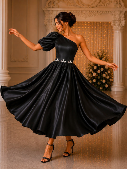 Women’s Black One Shoulder Party Dress | Elegant Satin Wear