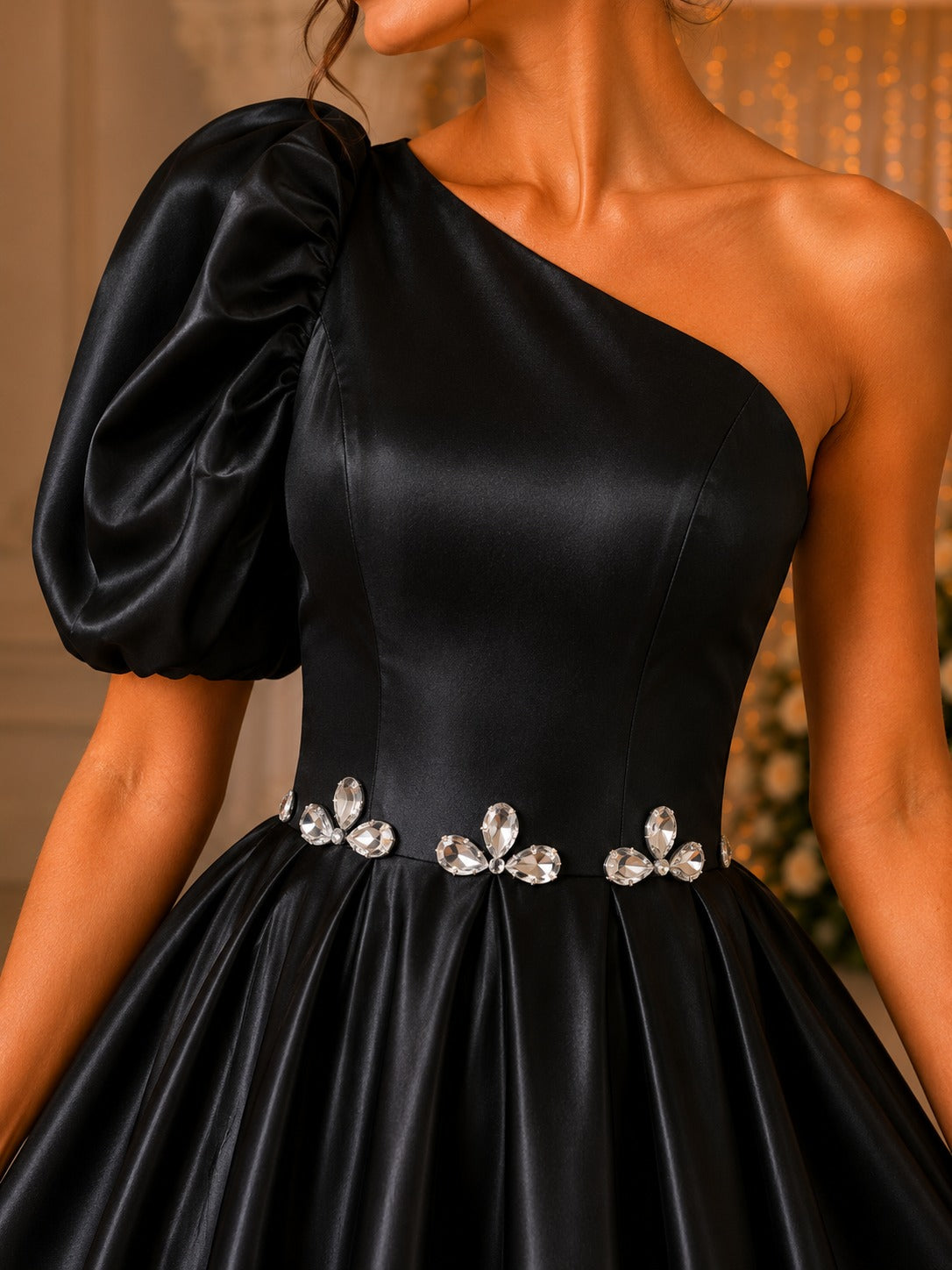 Women’s Black One Shoulder Party Dress | Elegant Satin Wear