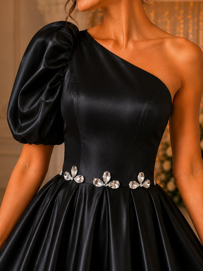 Women’s Black One Shoulder Party Dress | Elegant Satin Wear