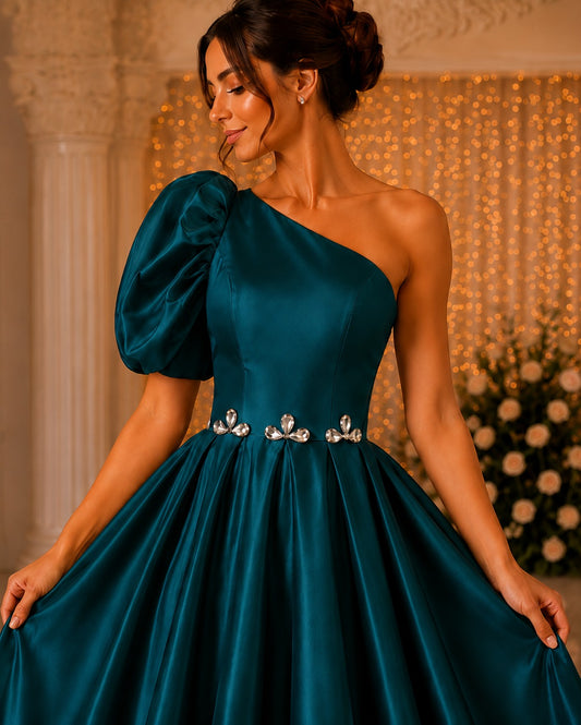 Teal One Shoulder Dress for Women | Glass Satin Party Wear