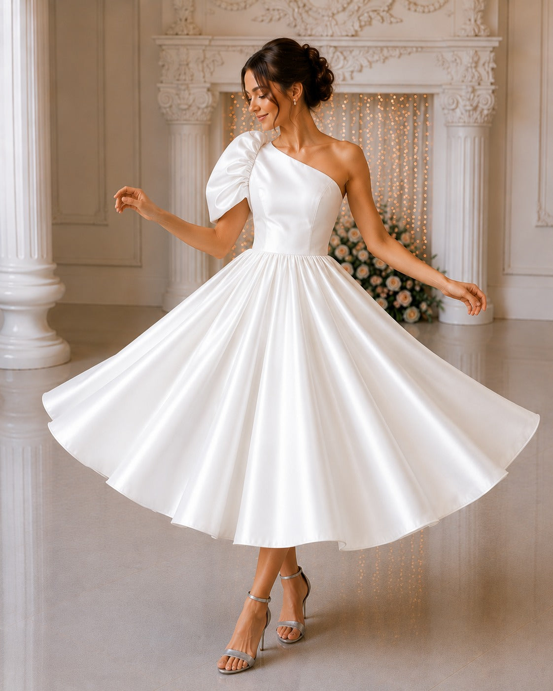 White One Shoulder Dress for Women | Glass Satin Party Wear