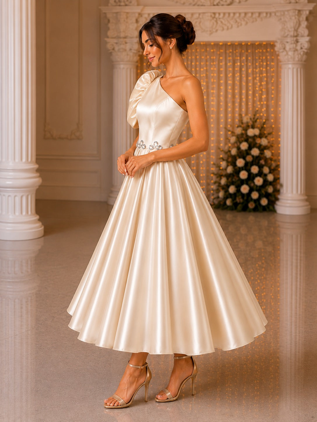 Champagne One Shoulder Dress for Women | Glass Satin Party Wear