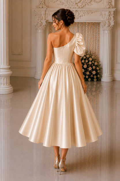 Champagne One Shoulder Dress for Women | Glass Satin Party Wear