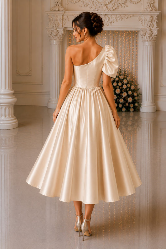 Champagne One Shoulder Dress for Women | Glass Satin Party Wear