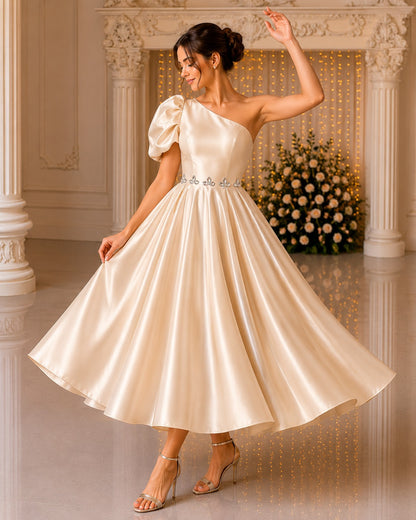 Champagne One Shoulder Dress for Women | Glass Satin Party Wear