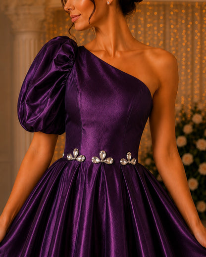 Plum One Shoulder Dress for Women | Glass Satin Party Wear