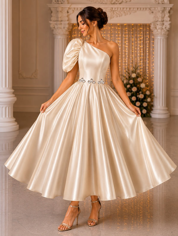 Champagne One Shoulder Dress for Women | Glass Satin Party Wear