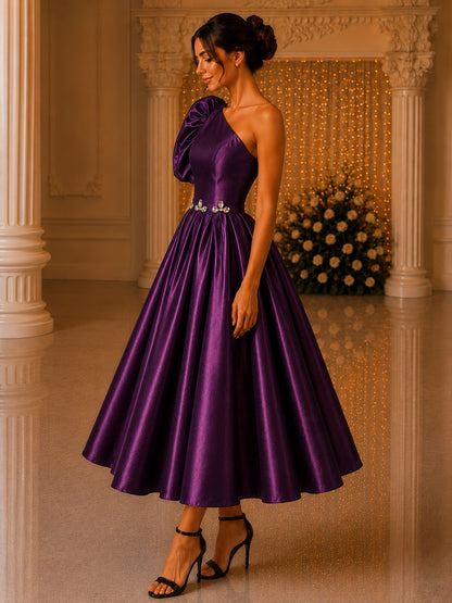 Plum One Shoulder Dress for Women | Glass Satin Party Wear