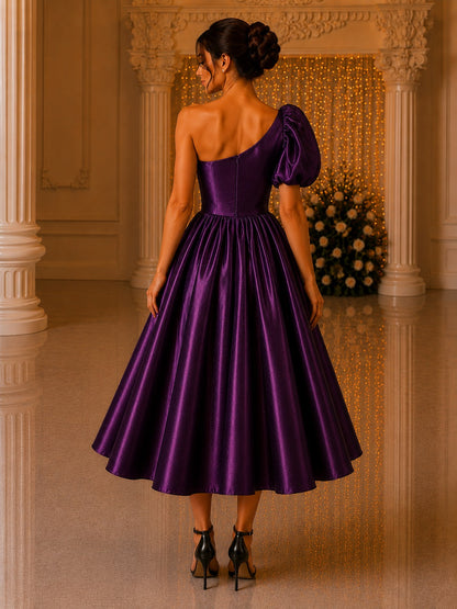 Plum One Shoulder Dress for Women | Glass Satin Party Wear