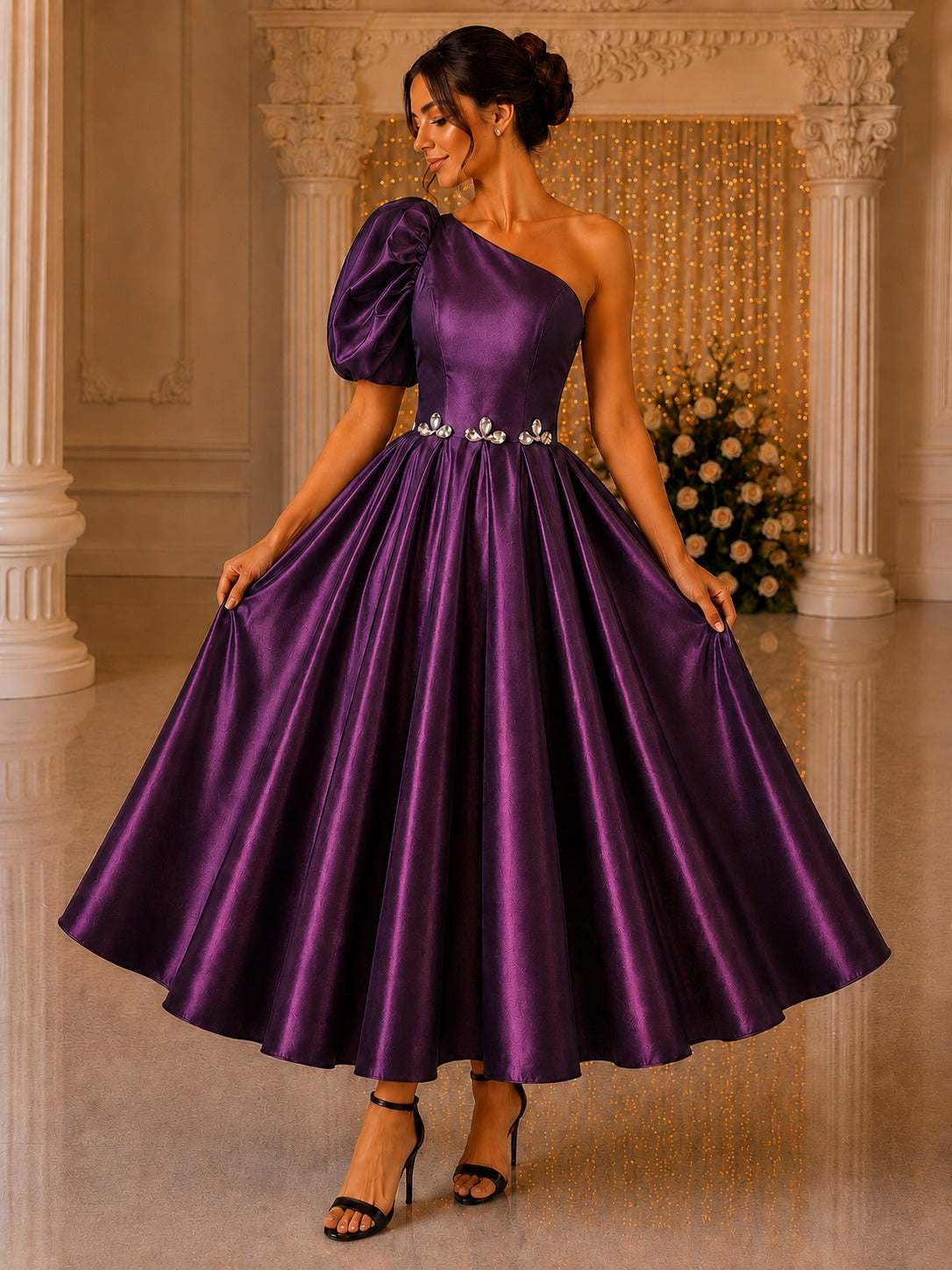Plum One Shoulder Dress for Women | Glass Satin Party Wear