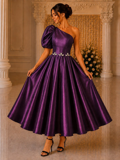 Plum One Shoulder Dress for Women | Glass Satin Party Wear