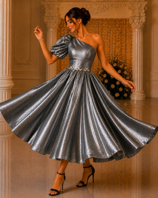 Slate Gray Glass Satin One Shoulder Dress | Women’s Party Wear