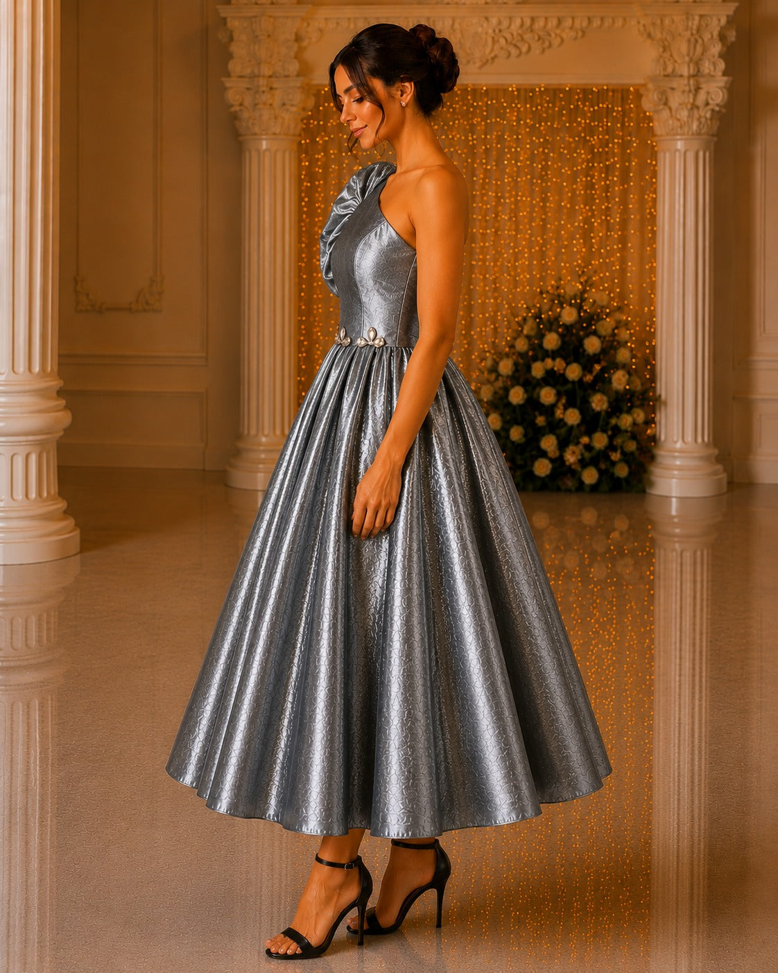 Slate Gray Glass Satin One Shoulder Dress | Women’s Party Wear