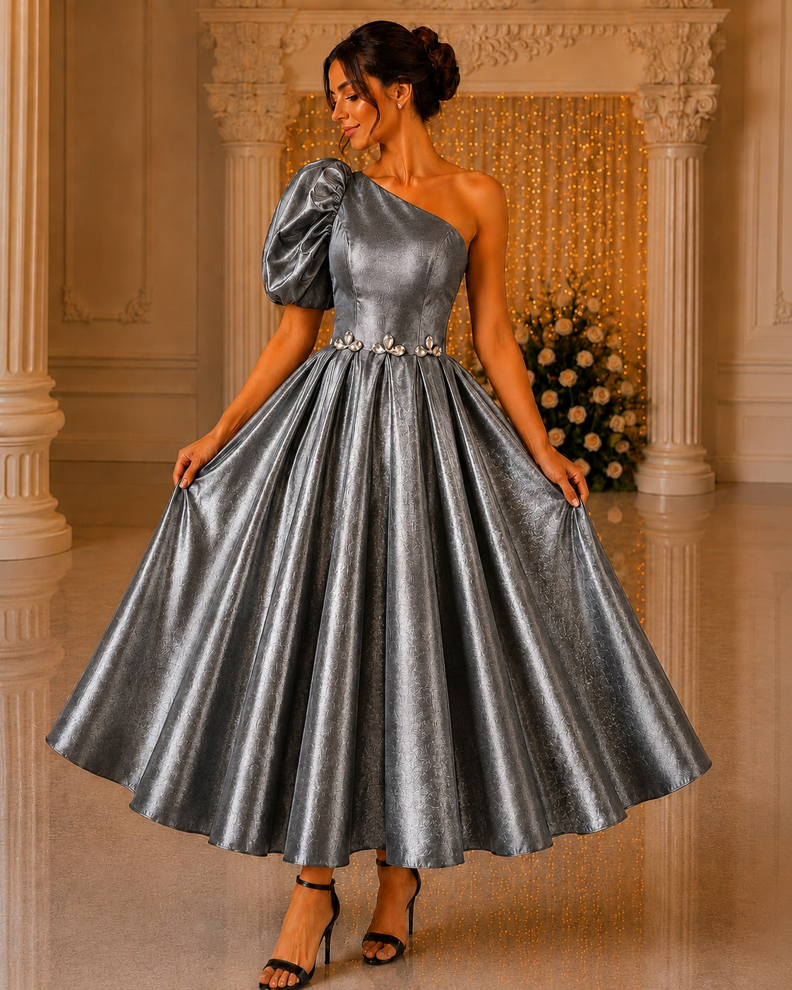 Slate Gray Glass Satin One Shoulder Dress | Women’s Party Wear