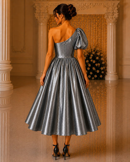Slate Gray Glass Satin One Shoulder Dress | Women’s Party Wear