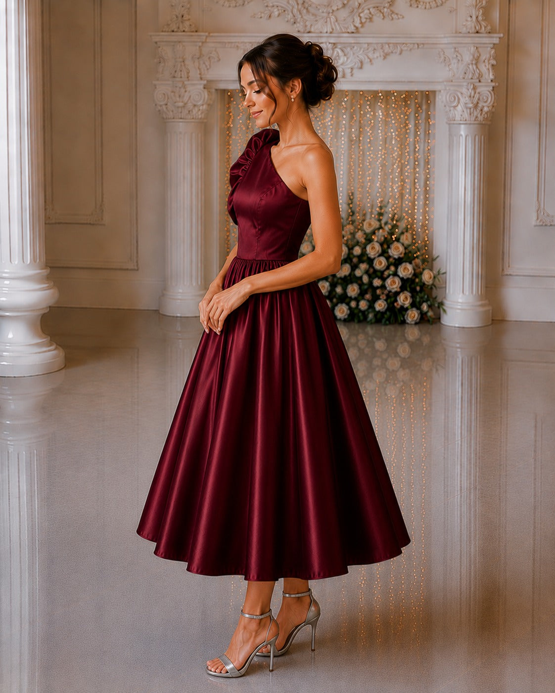 Burgundy One Shoulder Dress for Women | Glass Satin Party Wear