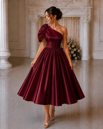 Burgundy One Shoulder Dress for Women | Glass Satin Party Wear