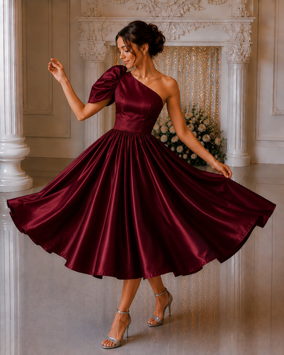 Burgundy One Shoulder Dress for Women | Glass Satin Party Wear