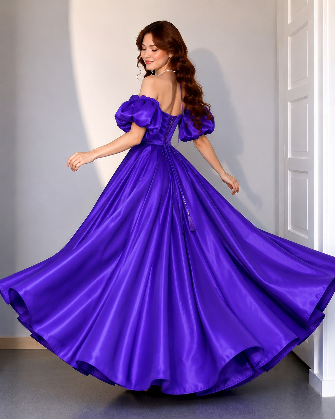 Royal Purple Off Shoulder Gown for Women | Glass Satin Floor Length Dress