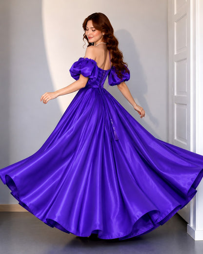 Royal Purple Off Shoulder Gown for Women | Glass Satin Floor Length Dress