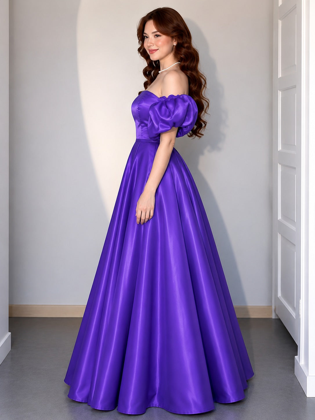 Royal Purple Off Shoulder Gown for Women | Glass Satin Floor Length Dress