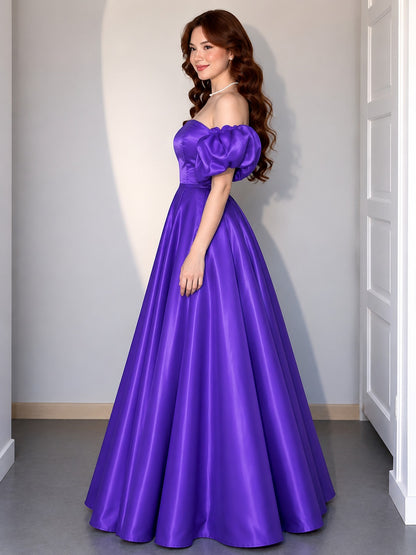 Royal Purple Off Shoulder Gown for Women | Glass Satin Floor Length Dress