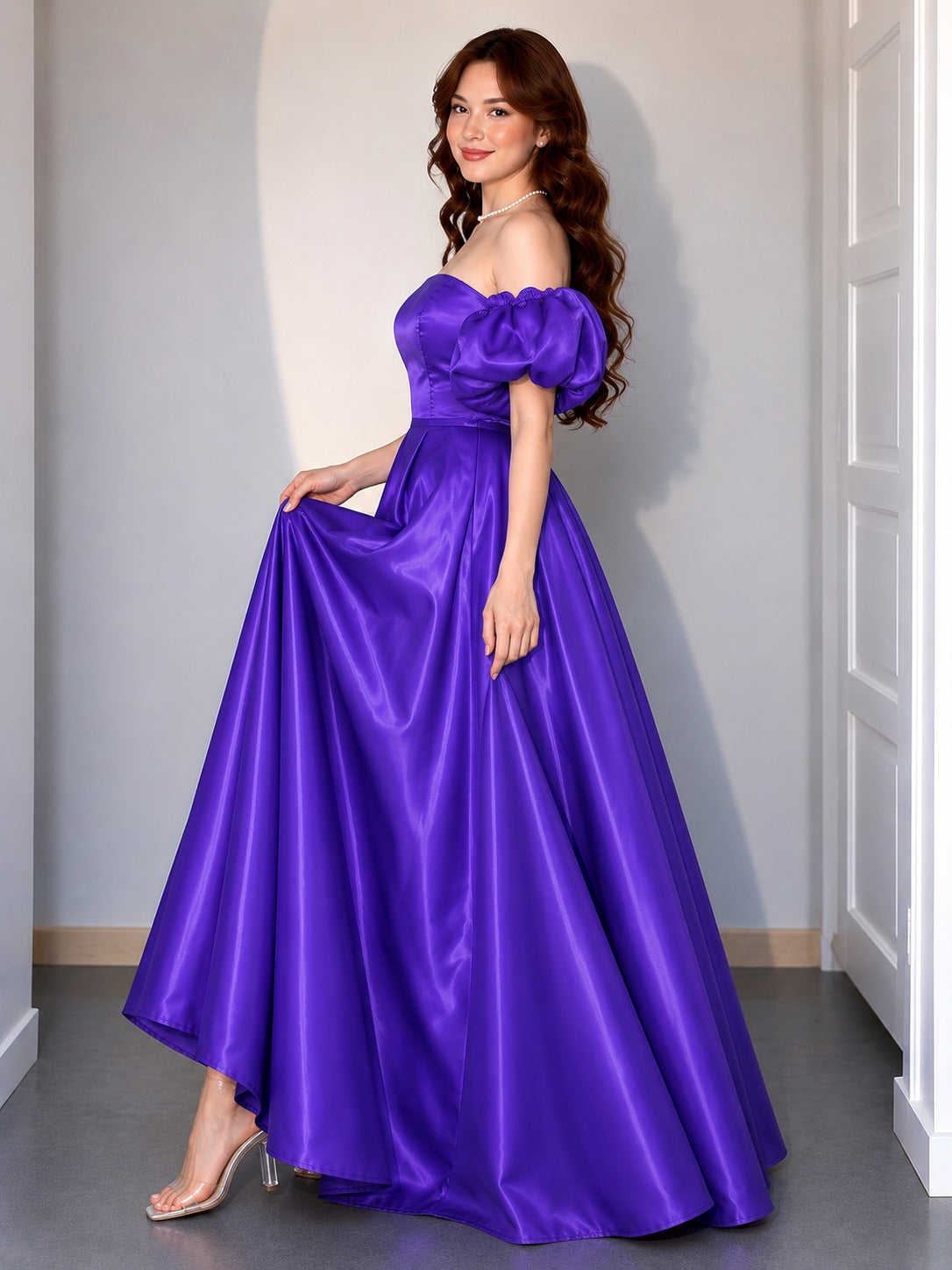 Royal Purple Off Shoulder Gown for Women | Glass Satin Floor Length Dress