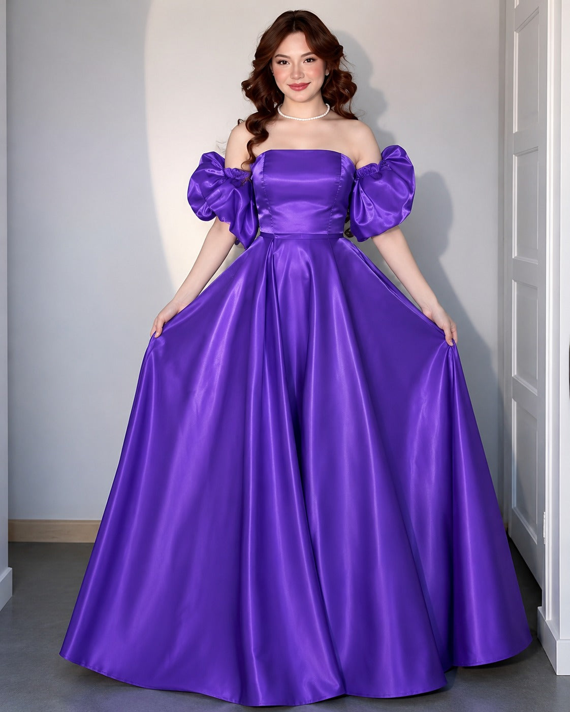 Royal Purple Off Shoulder Gown for Women | Glass Satin Floor Length Dress