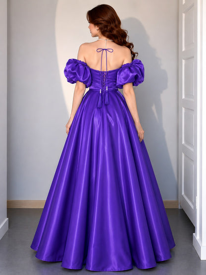 Royal Purple Off Shoulder Gown for Women | Glass Satin Floor Length Dress