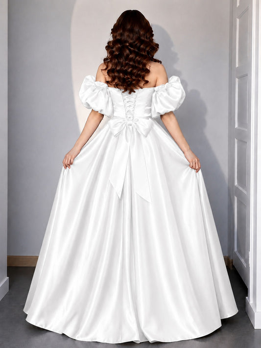 Women’s White Glass Satin Gown | Off Shoulder Party Dress