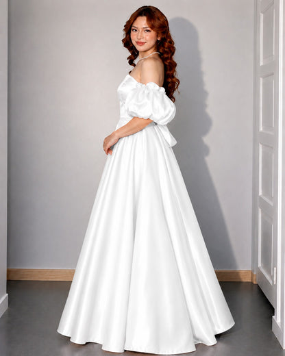Women’s White Glass Satin Gown | Off Shoulder Party Dress