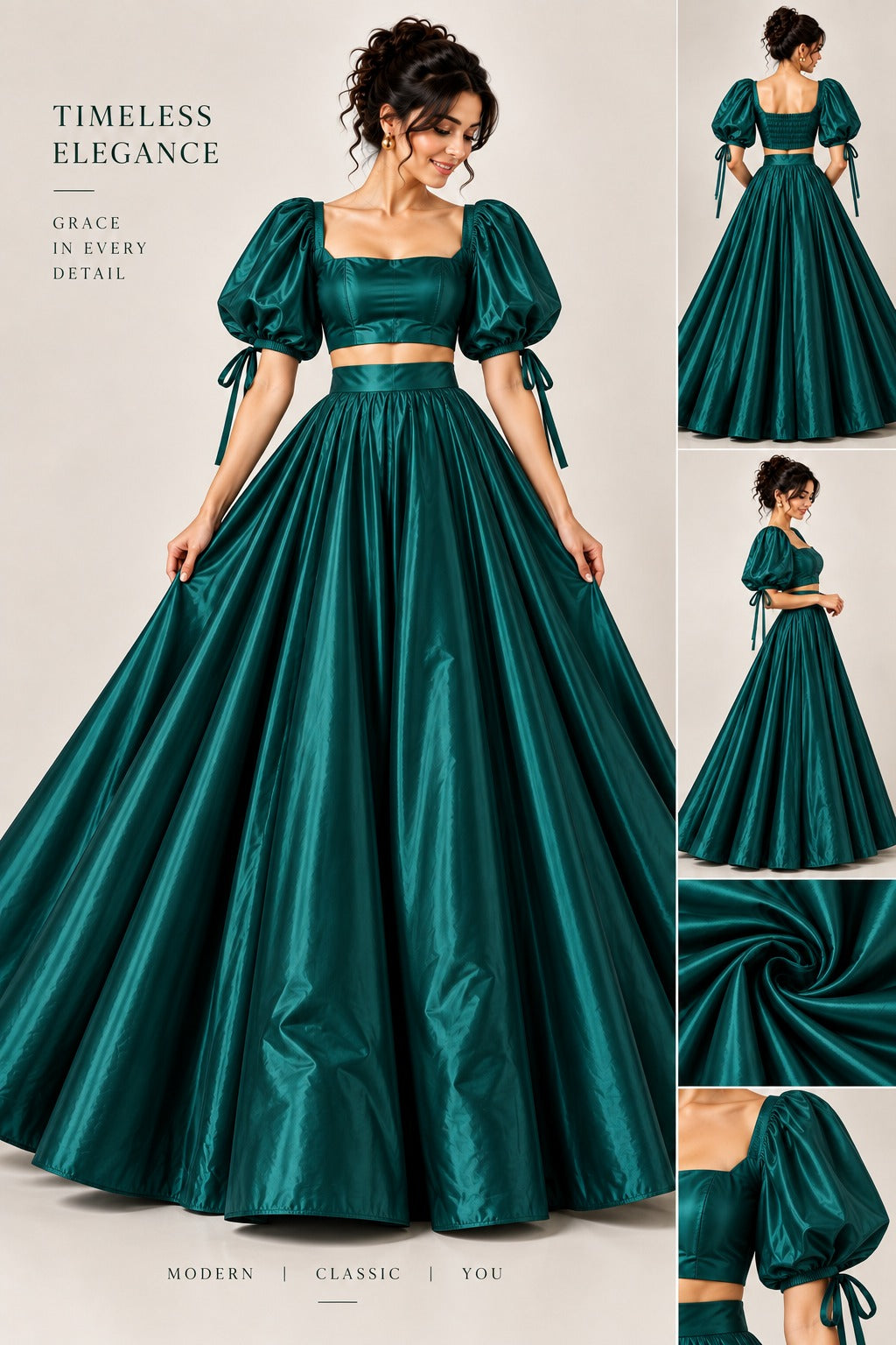 Emerald Green Crop Top & Floor Length Skirt Set for Women