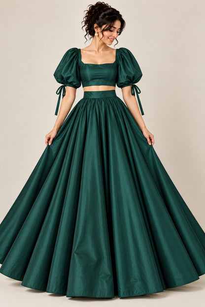 Emerald Green Crop Top & Floor Length Skirt Set for Women